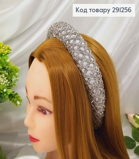 Обруч модний плетений стіклярусом та бісером, СРІБНОГО кольору, ширина 3,5см 291256 фото