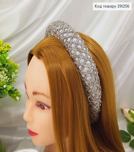 Обруч модный плетеный стиклярусом и бисером, СЕРЕБРЯНОГО цвета, ширина 3,5см. 291256 фото 1