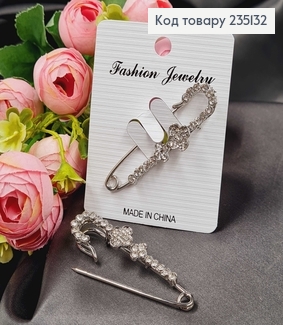 Брошка Шпилька "Две звезды" в крупных камушках 5.5*2 см, серебряный цвет. 235132 фото