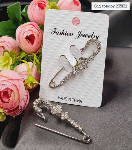 Брошка Шпилька "Две звезды" в крупных камушках 5.5*2 см, серебряный цвет. 235132 фото 1