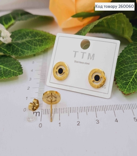 Серьги гвоздики, Римские часы с черной эмалью, Золотого цвета, Stainless Steel 260060 фото 1