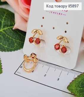 Сережки кільця 1см, Вишенькі з червоним камінцем, 1см. Xuping 18K 115897 фото