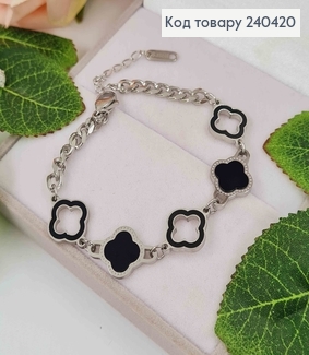 Браслет Van Cleef с черной эмалью, плетение цепочка, серебряного цвета, 18+3см, Stainless Steel 250007 фото