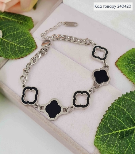 Браслет Van Cleef с черной эмалью, плетение цепочка, серебряного цвета, 18+3см, Stainless Steel 250007 фото 1