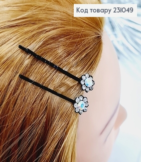 Заколка невидимка метал чорна з камінцями 5 см Квіточка в асорт.  2 шт/уп ціна за уп. 231049 фото