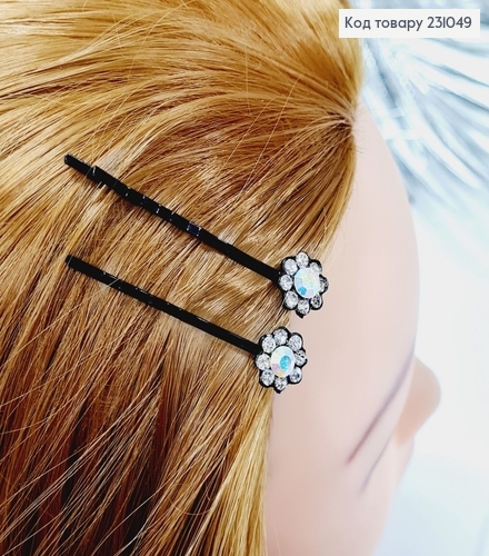 Заколка невидимка металл черная с камнями 5 см Цветочек в асс. 2 шт / уп цена за уп. 231049 фото 1