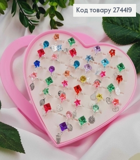 Набір колечок (36шт) "КОЛЬОРОВИЙ камінець+ підвісочка" в асортим.  в коробочці- сердечку 274419 фото