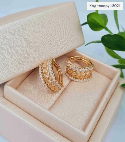 Серьги кольца с Блестящими камешками по краям, ширина 8мм, диаметр 1,6см, Xuping 18K. 118021 фото 1