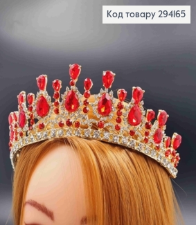 Диадема "Великая" под золото, с Красными блестящими камешками, 6см наивысшая точка 294165 фото