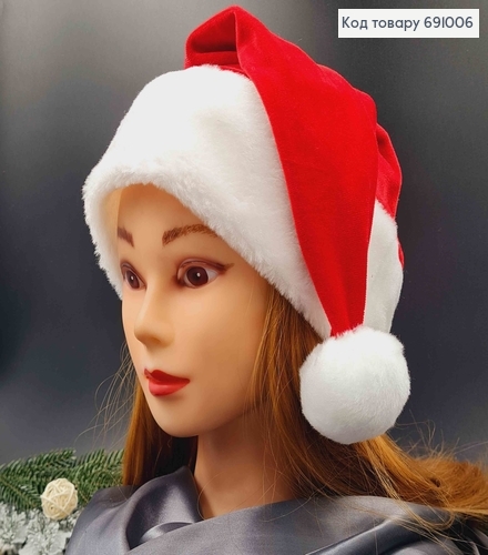 Шапочка новогодняя, Красного цвета, велюровая с мехом 691006 фото 2