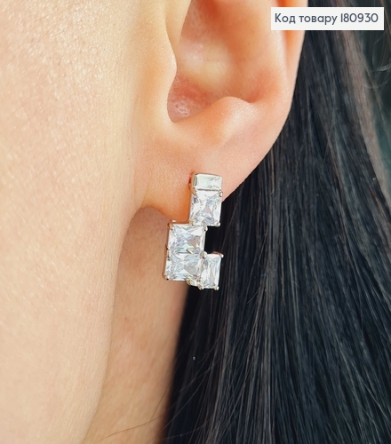 Серьги родованные "Тетрис" с квадратными белыми камешками Xuping  180930 фото 2