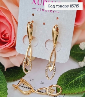 Серьги, "Перо павлин" с двойной подвесочкой в камнях, англ.зам. Xuping 18K 115715 фото