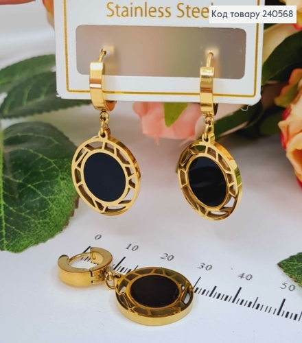 Серьги кольца с круглыми подвесками, с черной эмалью, ажурные, 1,5см, лимонные, сталь Stainless Steel 260042 фото 1