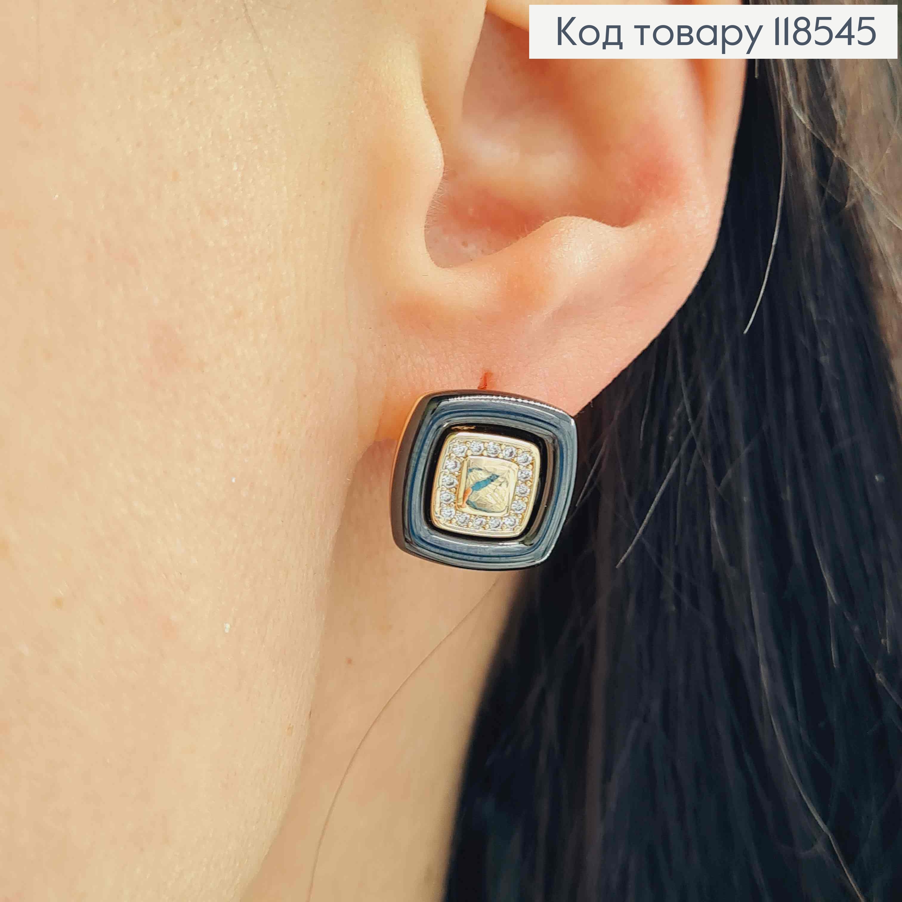 Серьги "Квадратные" украшены Черной эмалью и Блестящими камнями, 1,4см, англ. 118545 фото 2
