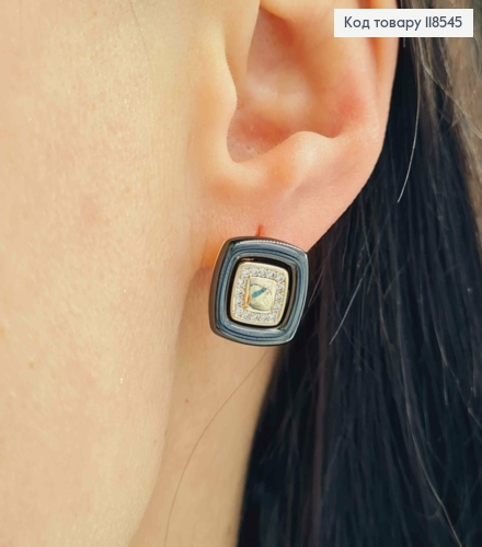 Сережки "Квадратні" прикрашені Чорною емаллю та Блискучим камінням, 1,4см, англ. застібка,Xuping 18К 118545 фото 2
