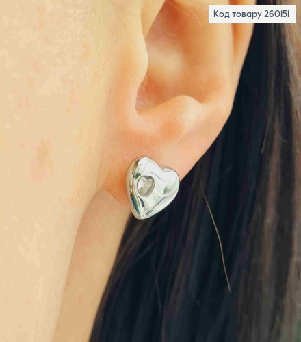 Серьги гвоздики серебряного цвета "Сердце" с камешком, 1см, сталь Stainless Steel 260151 фото 1