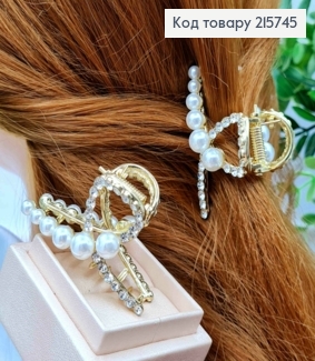 Краб металл "ПЕТЕЛЬКА" с Блестящими камешками и Жемчужинами, 5,5 см, Золотого цвета 215745 фото