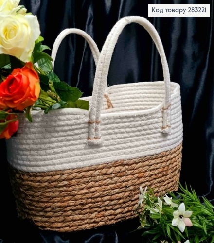 Корзина-кашпо плетеная, соломенная с Белым верхом и ручками, (дл.36см),(шир19см),(глуб17),(ручка13см) 283221 фото 1