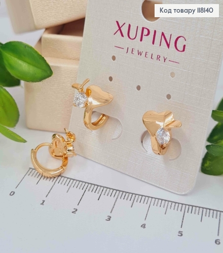 Серьги кольца "Двойное Сердце" с ярким камешком, диаметр 1,1см, XUPING 18K 118140 фото 1