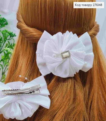 Бант БЕЛЫЙ с Бусинками, на заколке 5,5см, ткань атлас+органза, размер 10*6,5см, ручная работа 276148 фото 1