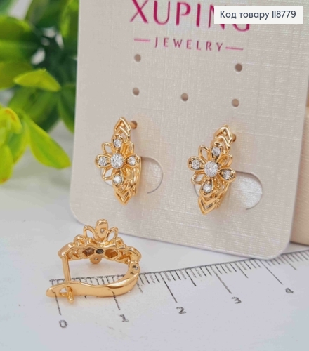 Сережки "Ажурна Квітка" з Блискучими камінцями, 1,5см, англійська застібка, XUPING 18K 118779 фото 1