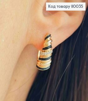 Серьги "Мушля" с Блестящими камешками и Черной эмалью, длина 1,6см, английская застежка, Xuping 18K 110035 фото