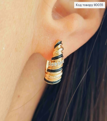 Серьги "Мушля" с Блестящими камешками и Черной эмалью, длина 1,6см, английская застежка, Xuping 18K 110035 фото 1