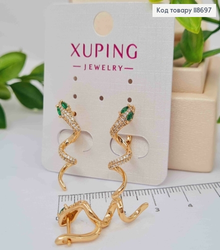 Сережки "Змія" в Блискучих камінцях та з Зеленими очима, 2,7см, англійська застібка, Xuping 18К 118697 фото 2