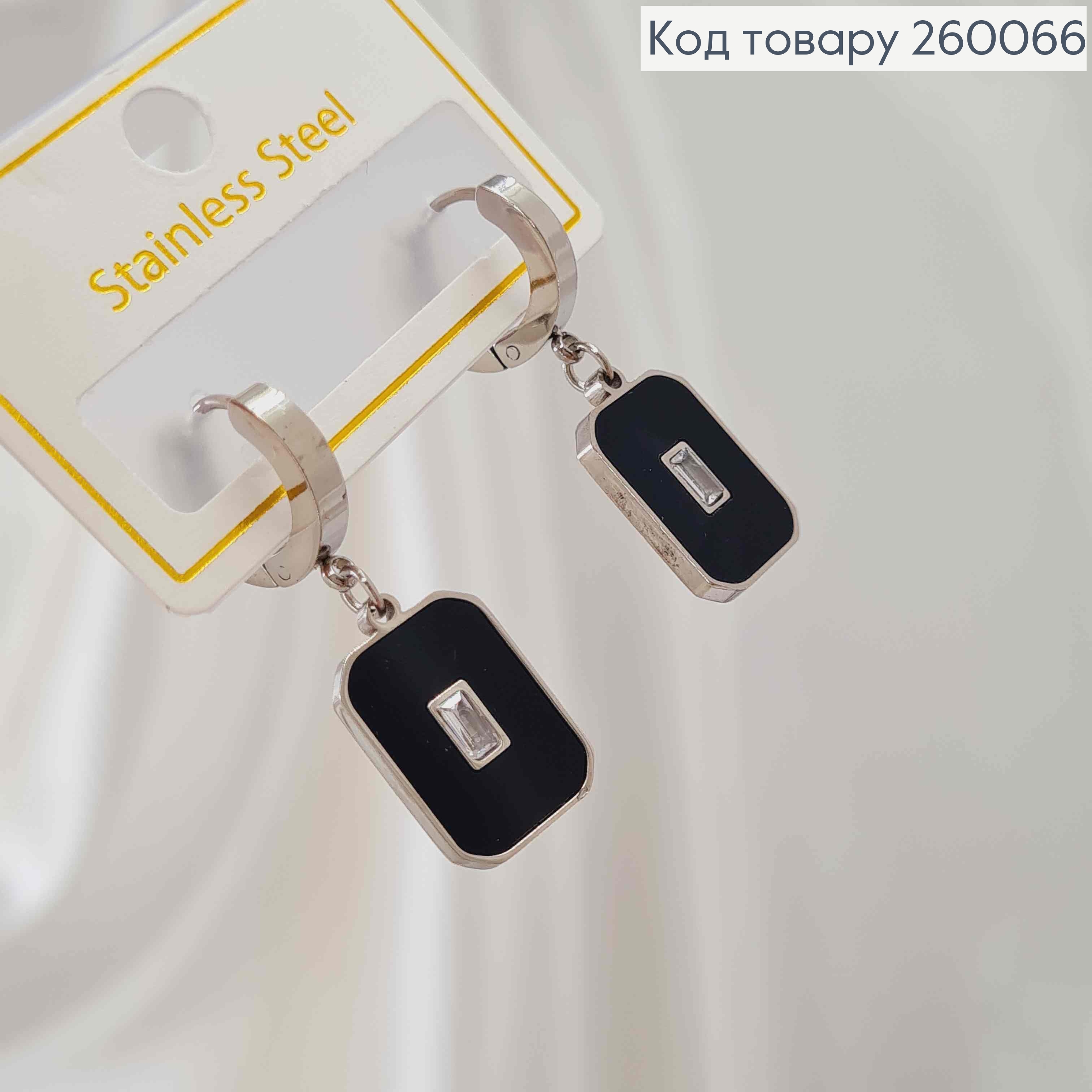 Серьги кольца 1,3см+ подвеска с черной эмалью 1,6см, серебряного цвета, сталь Stainless Steel 260066 фото 2