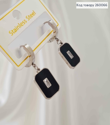 Серьги кольца 1,3см+ подвеска с черной эмалью 1,6см, серебряного цвета, сталь Stainless Steel 260066 фото 2