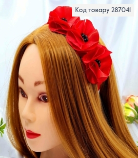 Обруч-венчик, металл, с тремя Маками (на бок), КРАСНОГО цвета, ручная работа, Украина. 287041 фото