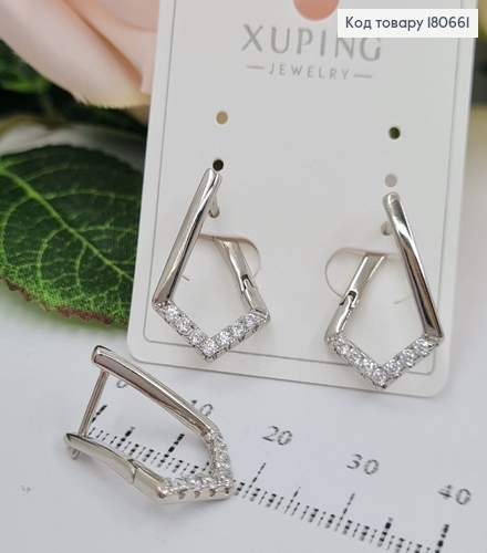 Сережки родированые Ромб 3D с камнями (англ.застежка), 2*1,5см, Xuping 180661 фото 1