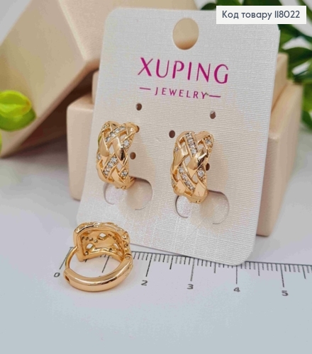 Серьги кольца имитация плетения с камешками, ширина 8мм, диаметр 1,6см, Xuping 18K 118022 фото 1