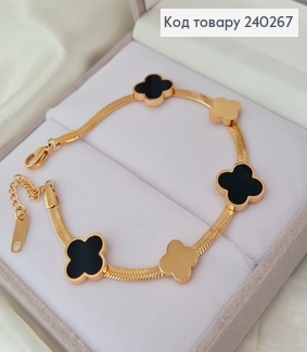 Браслет 17.5+3.5 см Van Cleef плоский снейк с чёрной эмалью, цвет золотой, Stainless Steel 240267 фото