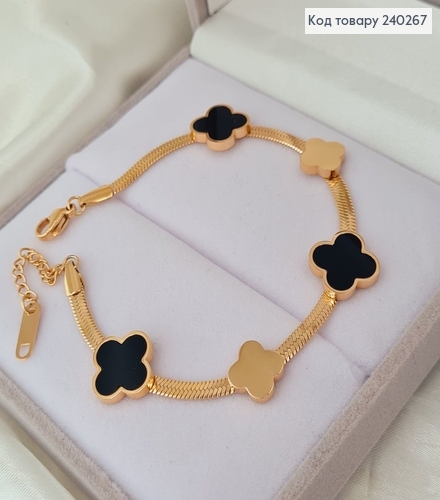 Браслет 17.5+3.5 см Van Cleef плоский снейк с чёрной эмалью, цвет золотой, Stainless Steel 240267 фото 1