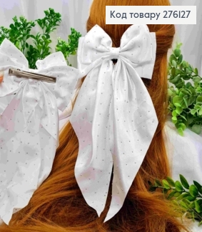 Бант БЕЛОГО цвета со стразами, на заколке 7,5см, ткань атлас, разм 14,5*31см 276127 фото