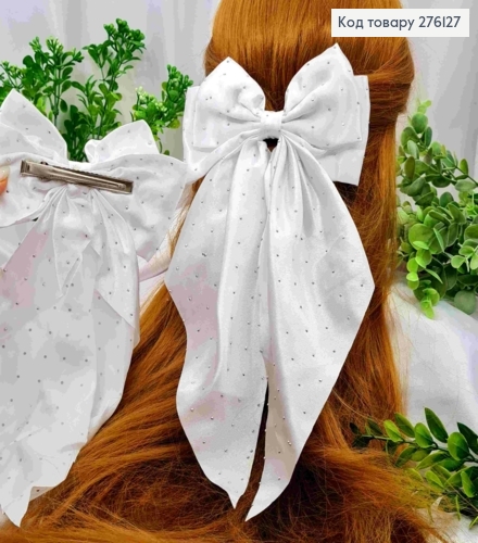 Бант БЕЛОГО цвета со стразами, на заколке 7,5см, ткань атлас, разм 14,5*31см 276127 фото 1