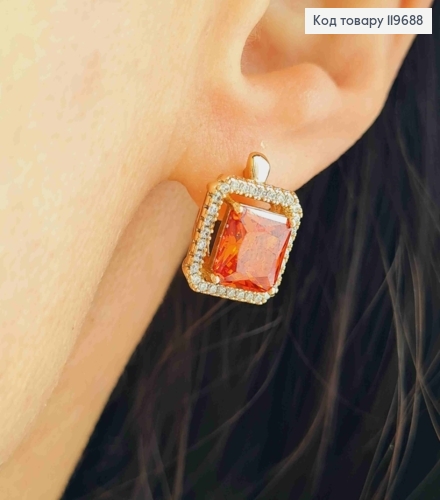 Серьги с Квадратным Красным камнем в оправе из камешков, дл. 1,5см, англ. застежка, Xuping 18К 119688 фото 2