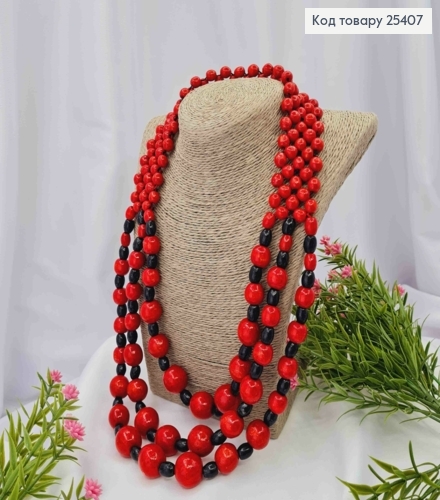 Намисто дерев'яне, потрійне, ЧЕРВОНО-ЧОРНОГО кольору, 63см, ручна робота 25407 фото 1