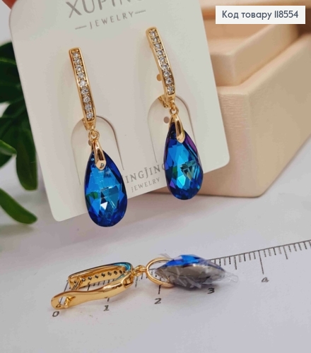 Сережки з підвісним Синім каменем Сваровскі, 1,4+1,9см, англ. застібка, Xuping 18К 118554 фото 2