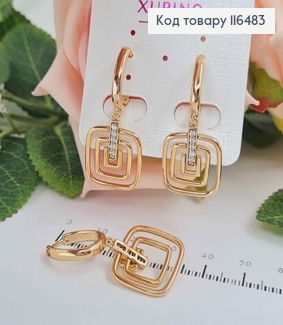 Серьги кольца 1,5см, с подвеской "Три квадрата" с линией камешков, 3,5см, Xuping 18K 116483 фото