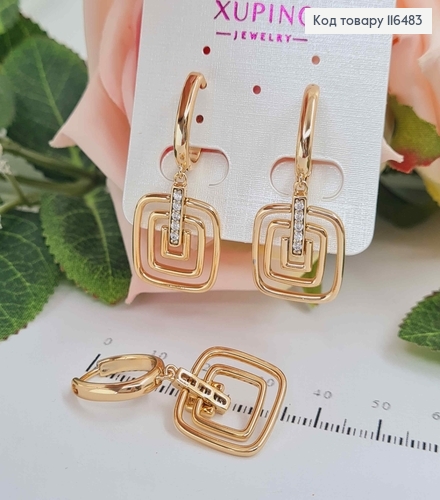 Серьги кольца 1,5см, с подвеской "Три квадрата" с линией камешков, 3,5см, Xuping 18K 116483 фото 1