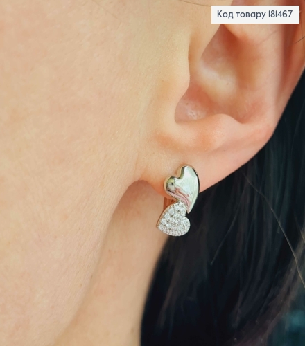 Серьги родованные, Два Сердца с блестящими камешками, 1,4см, англ застежка, Xuping 181467 фото 2