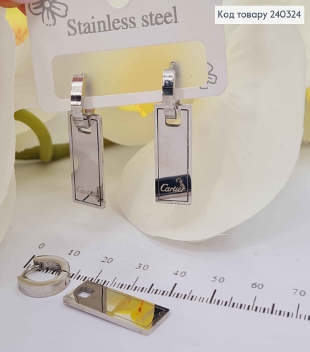 Серьги кольца серебряного цвета, с пластинкой 2,5см "Картье" сталь Stainless Steel 240324 фото 1