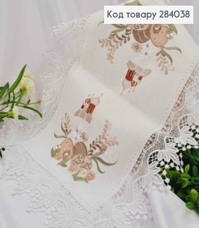 Великодня серветка, з білим мереживом "Храм і писанками в квітах", квадратна 40*60см 284038 фото