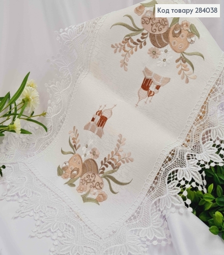 Пасхальная салфетка с белым кружевом "Храм и писанками в цветах", квадратная 40*60см 284038 фото 1