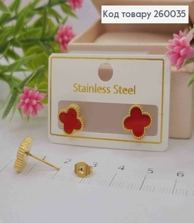 Серьги гвоздики с красной эмалькой, "Van Cleef", 1,3см, сталь Stainless Steel 260035 фото