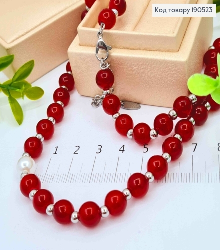 Цепочка родованная с Серебряными и Красными Бусинами (8мм), длина 45+5см, Xuping ТТМ 190523 фото 1