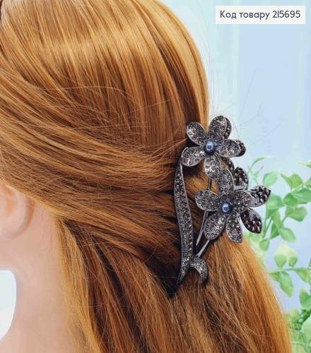 Краб металл "ЦВЕТЫ" украшен Блестящими камешками, 12см, цвета Черный Металлик 215695 фото 2