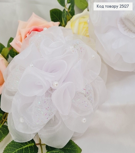 Резинка Бант большой 14см обьемный белый с бусинками , ручная робота Украина 25127 фото 1